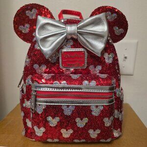Disney Parks Loungefly Red And Silver Sequin Minnie Mouse Mini Backpack NWT